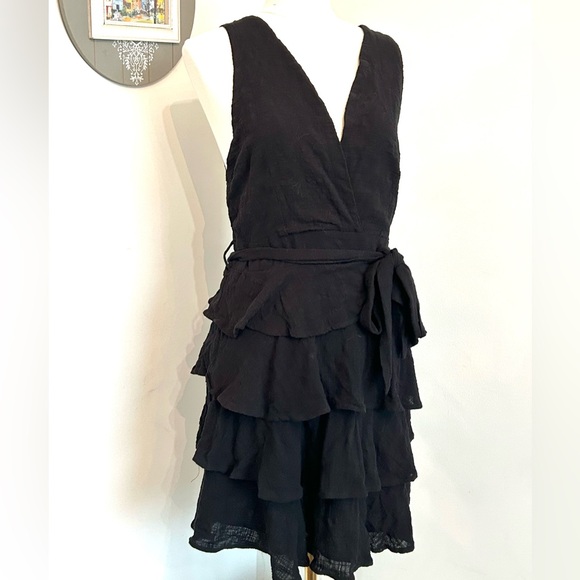 Paisley Dresses & Skirts - Paisley Womens Mini Dress Black Plunging Crossover V-Neck Waist Tie Tiered Skirt